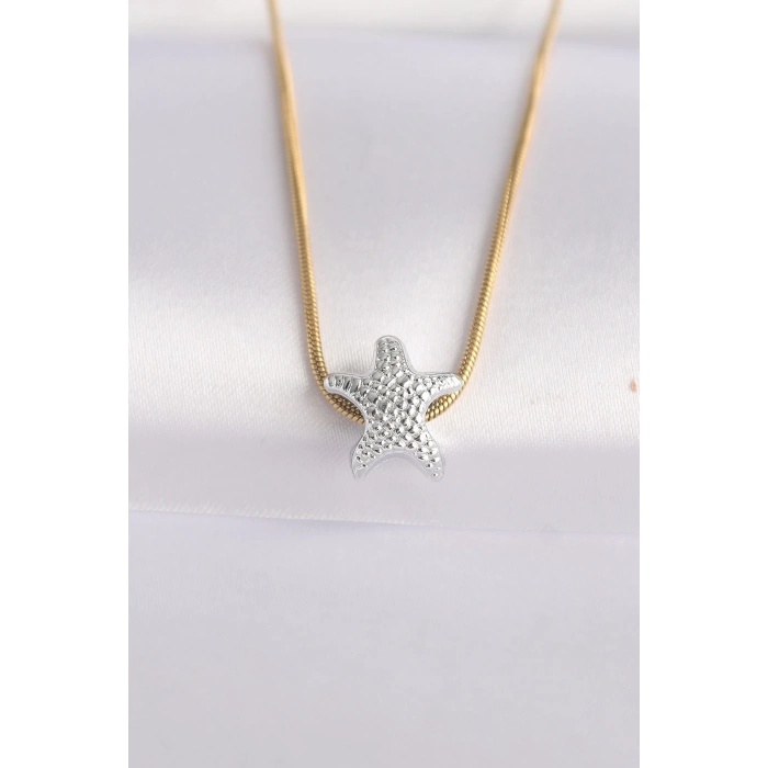 316L Çelik Zincir Altın Renk Zincirli Gümüş Renk Deniz Yıldızı Tasarımlı Kolye