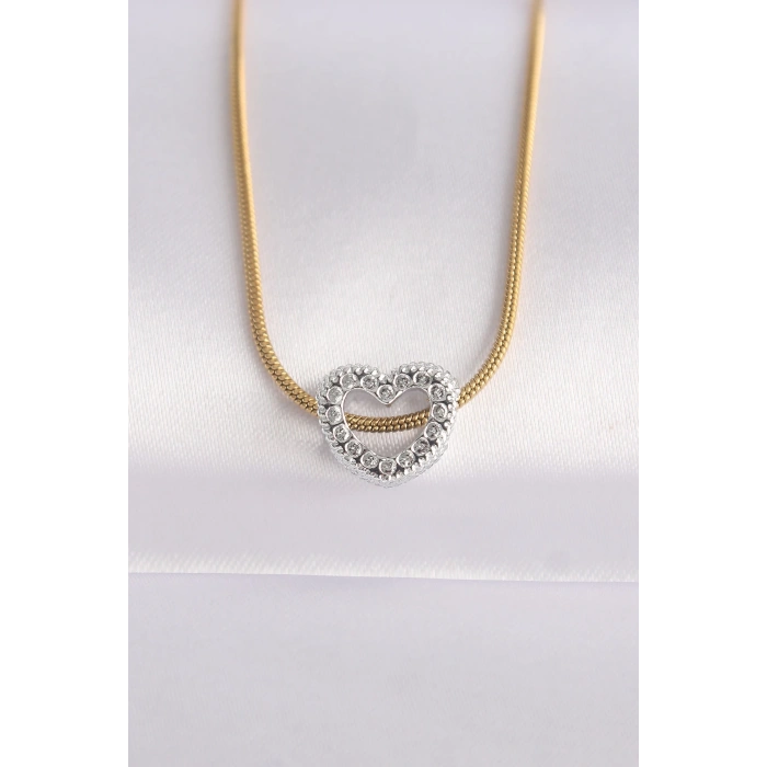 316L Çelik Zincir Altın Renk Zincirli Gümüş Renk Kalp Tasarımlı Kolye