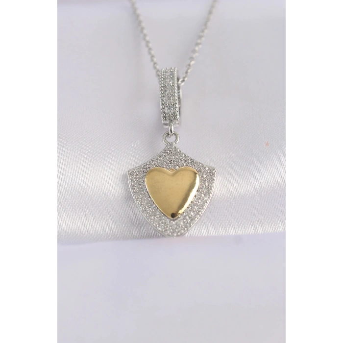 316L Çelik Zincir Gümüş Renk Zirkon Taşlı Tasarım Altın Renk Kalp Kolye
