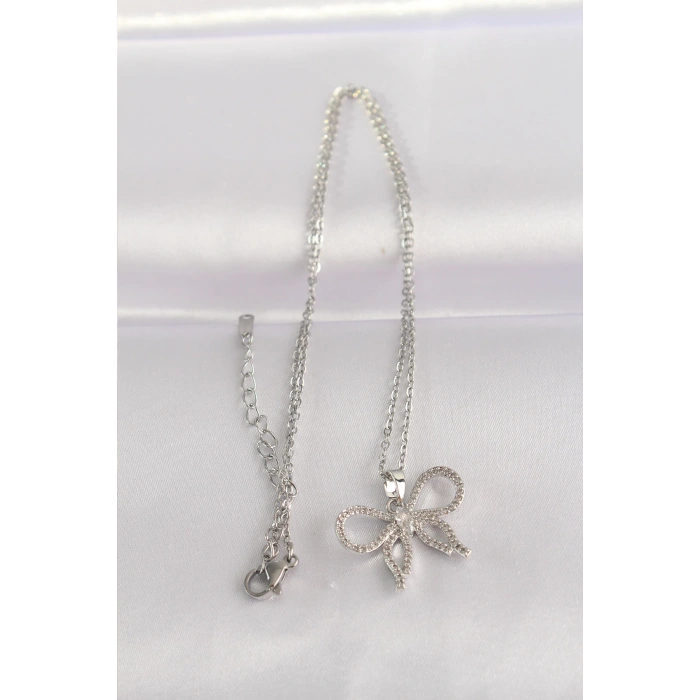 316L Çelik Zincir Gümüş Renk Zirkon Taşlı Fiyonk Kolye