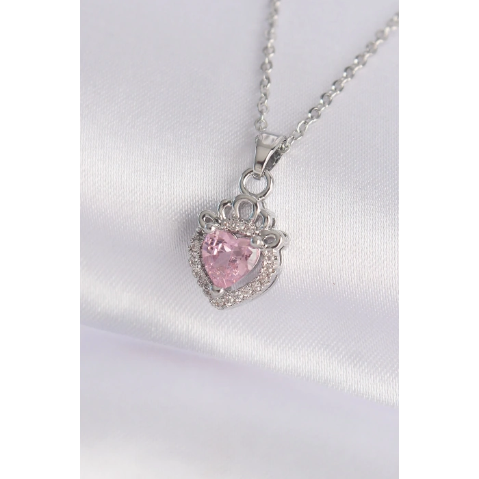 316L Çelik Zincir Gümüş Renk Pembe Zirkon Taşlı Rapunzel Kolye