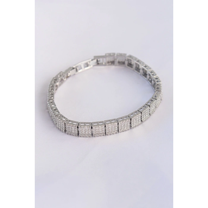 Vip Seri Pirinç Zirkon Taşlı Gümüş Renk Kare Su Yolu Model Bileklik