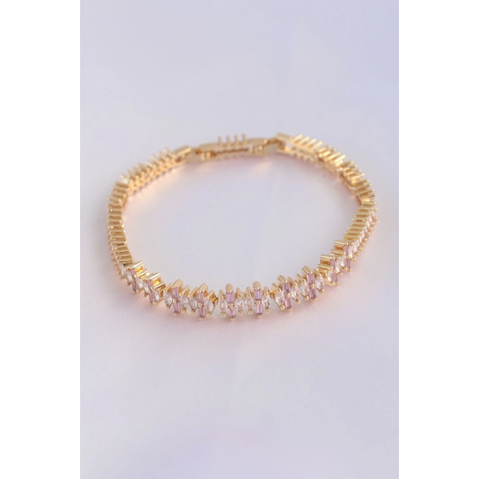 Vip Seri Pirinç Pembe Zirkon Taşlı Gold Renk Baget Model Bileklik