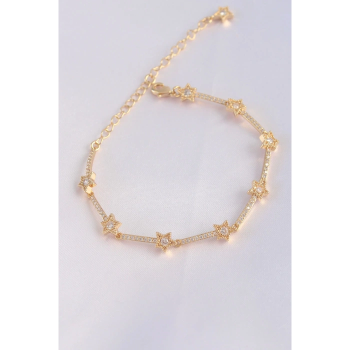 Vip Seri Pirinç Zirkon Taşlı Gold Renk Halley Model Bileklik
