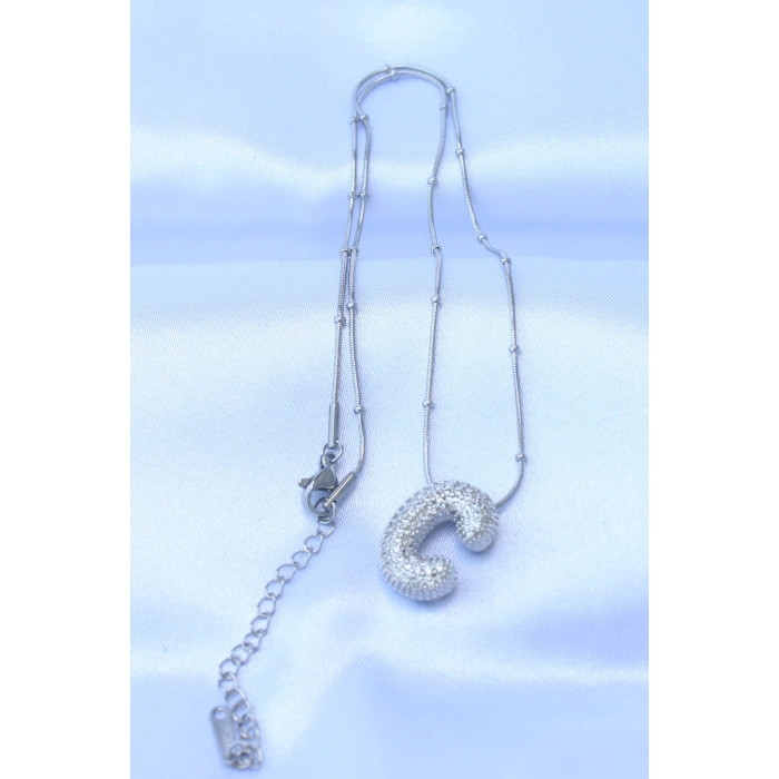 316L Çelik Zincirli Zirkon Taşlı C Harfli Gümüş Renk Bubble Kolye