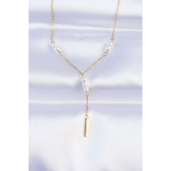 316L Çelik Zincir Gold Renk Minimal İnci Taşlı Sallantılı Kolye