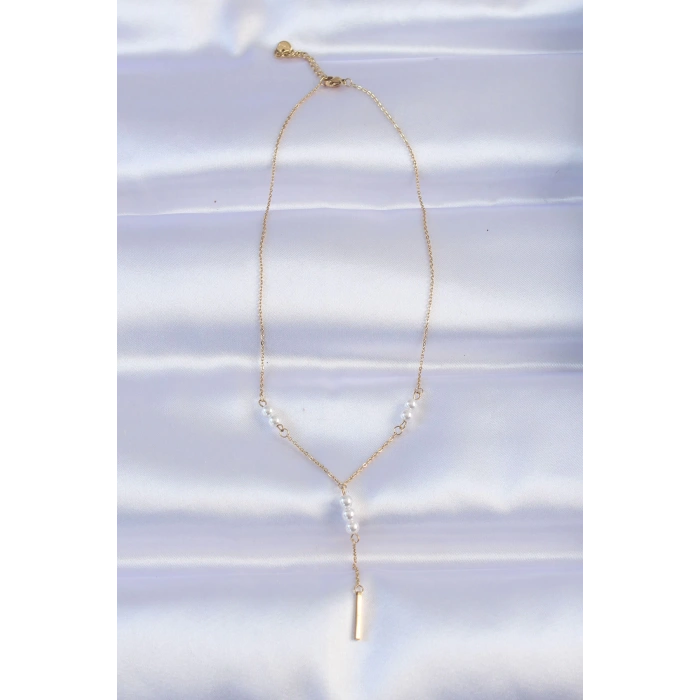 316L Çelik Zincir Gold Renk Minimal İnci Taşlı Sallantılı Kolye