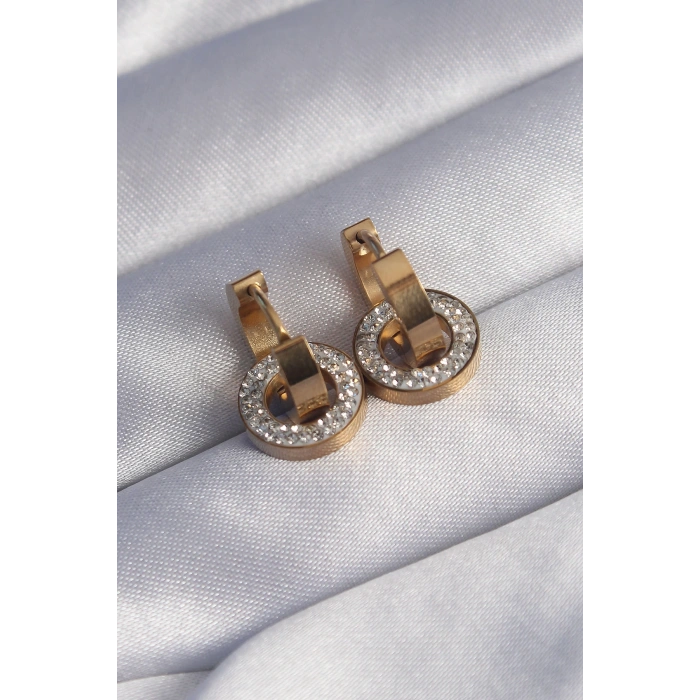 316L Çelik Gold Renk Zirkon Taşlı İç İçe Geçmeli Oval Küpe