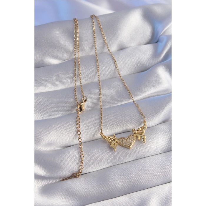316L Çelik Zincir Gold Renk Zirkon Taşlı Kalp Model Kelebek Detay Kolye