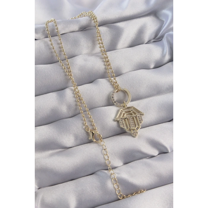 Pirinç Zirkon Taşlı Gold Renk Oval Detaylı Serenay Kolyesi