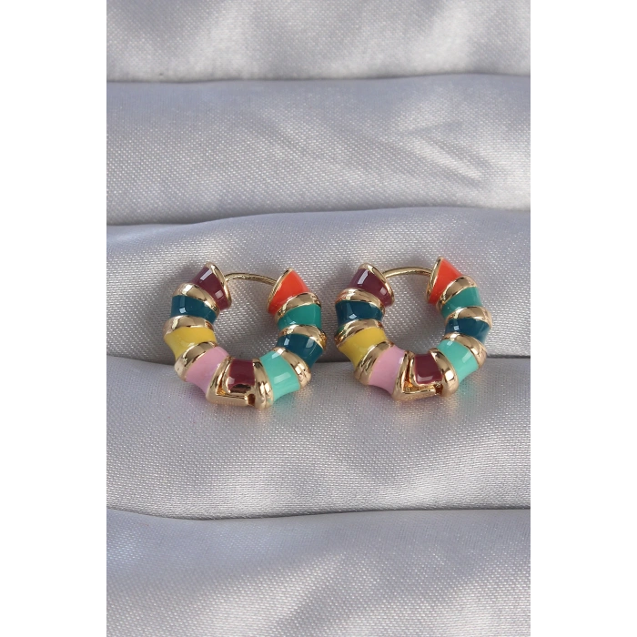 Pirinç Gold Renk Mineli Çok Renkli Kabartmalı Halka Küpe