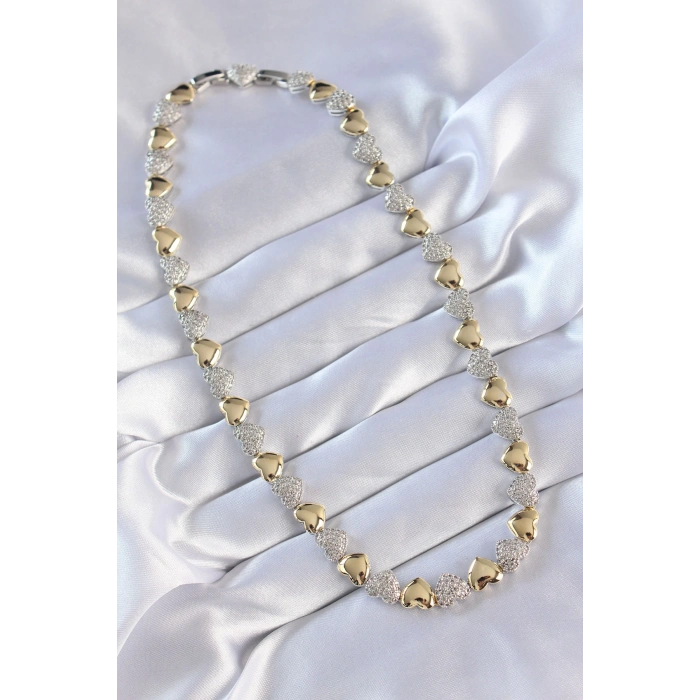 Vip Seri Pirinç Çift Renk Zirkon Taşlı Kalp Tasarımlı Kolye