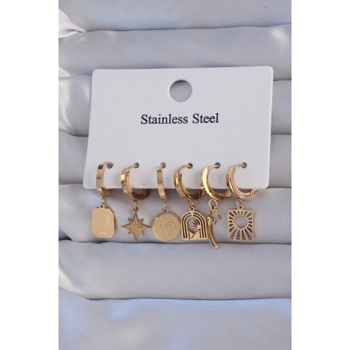 316L Çelik Gold Renk Yıldız Figürlü Tarot Model Halka Küpe Seti