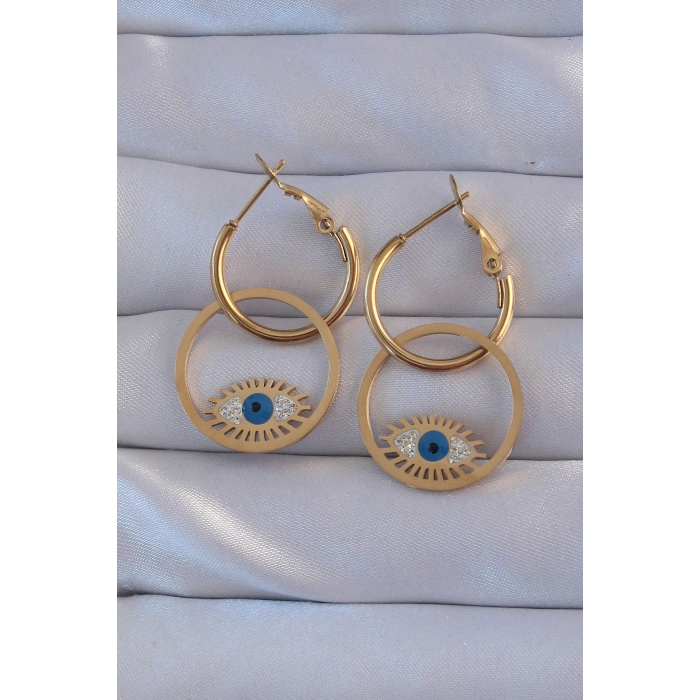 316L Çelik Gold Renk Zirkon Taşlı Mavi Göz Tasarımlı Halka Küpe