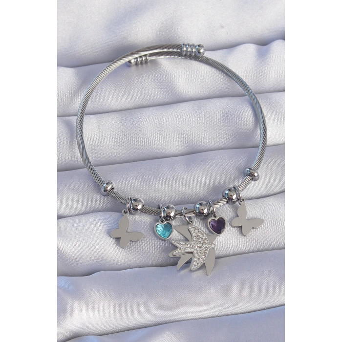 316L Çelik Gümüş Renk Zirkon Taşlı Kuş Tasarımlı Kelebek Detay Charm Bileklik