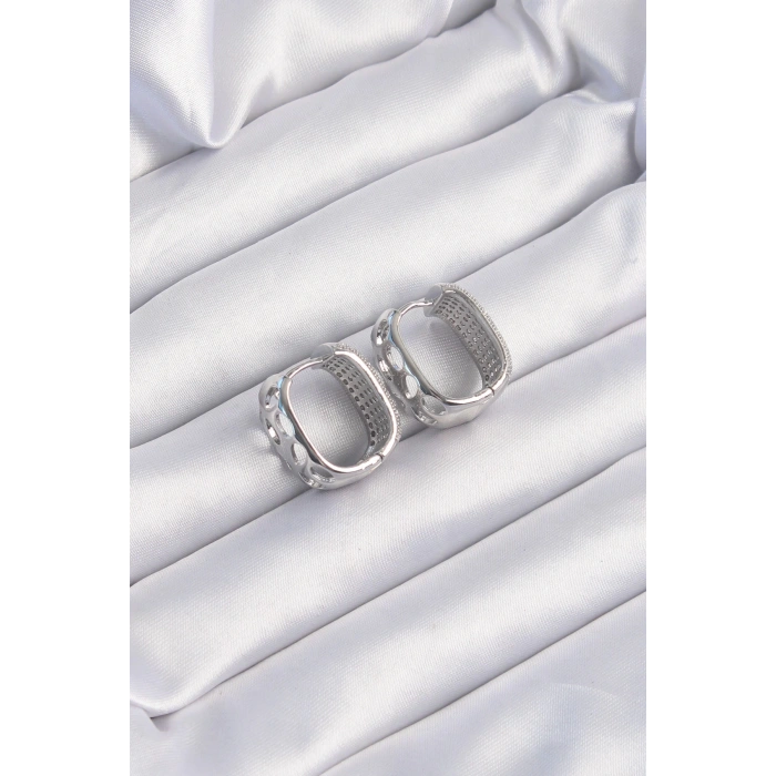 Pirinç Gümüş Renk Zirkon Taşlı Minimal Halka Küpe