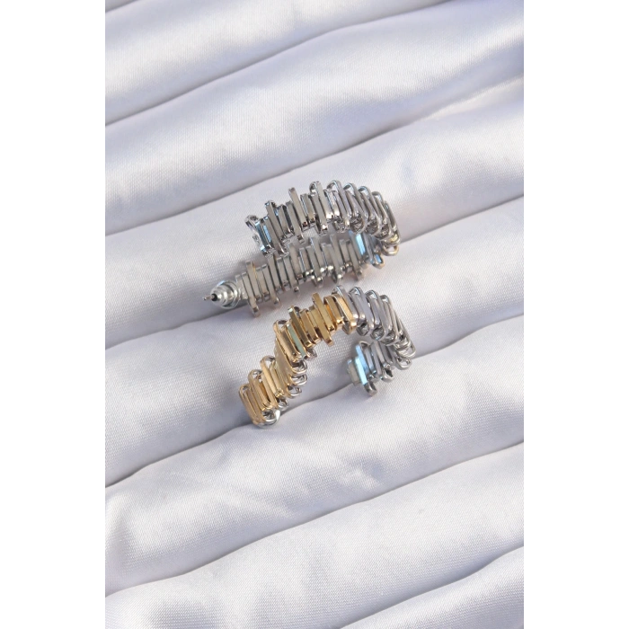 Pirinç Gold Gümüş Renkli Tırtıklı Kalp Küpe