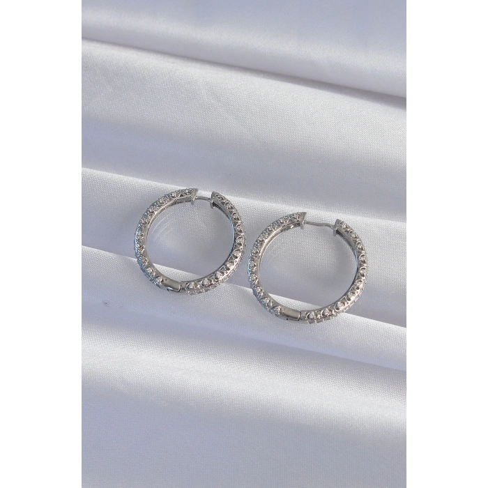 Pirinç Gümüş Renk Zirkon Taşlı Motifli Halka Küpe