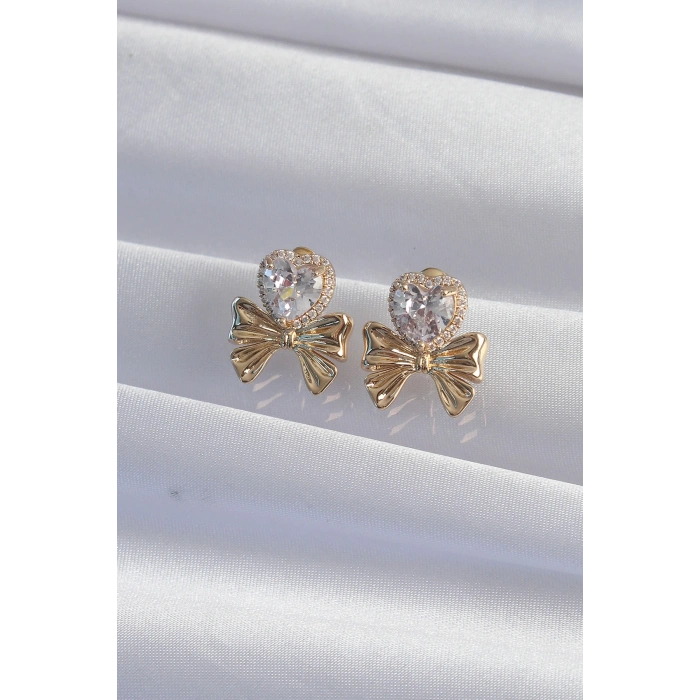 Pirinç Gold Renk Zirkon Taşlı Kalp Model Fiyonk Küpe