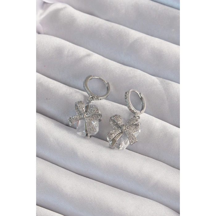 Pirinç Gümüş Renk İri Zirkon Taşlı Fiyonk Model Halka Küpe