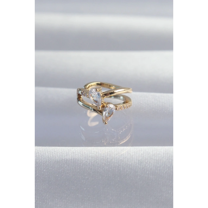 Pirinç Gold Renk Zirkon Taşlı Damla Earcuff Küpe