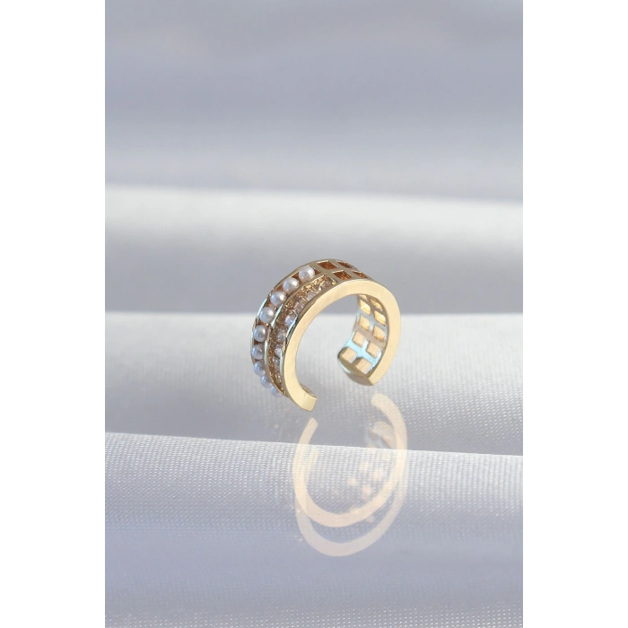 Pirinç Gold Renk İncili Baget Taşlı Earcuff Küpe