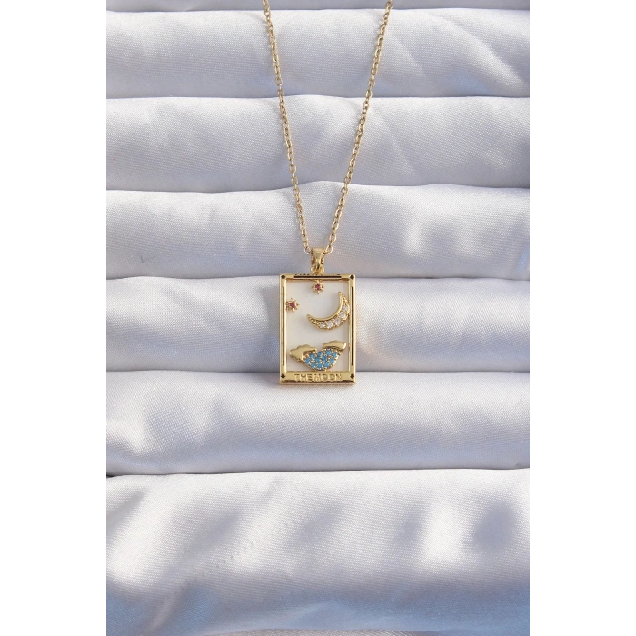 316L Çelik Zincir Gold Renk Ay Detay Mavi Zirkon Taşlı Tarot Kolye