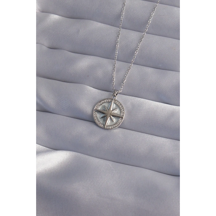 316L Çelik Zincir Gümüş Renk Zirkon Taşlı Kutup Yıldızı Kolye