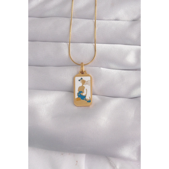 316L Çelik Gold Renk Beyaz Mineli Kız Figür Tarot Kolye