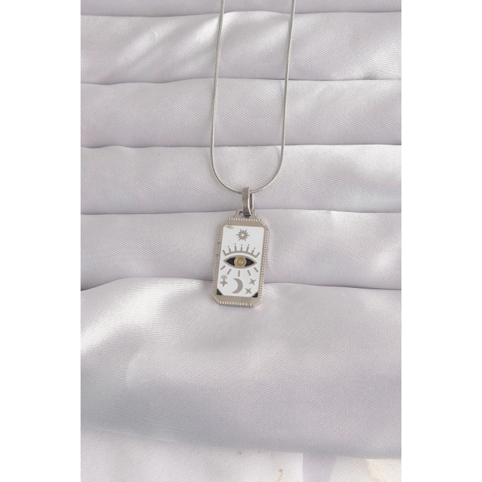 316L Çelik Gümüş Renk Beyaz Mineli Göz Figür Tarot Kolye