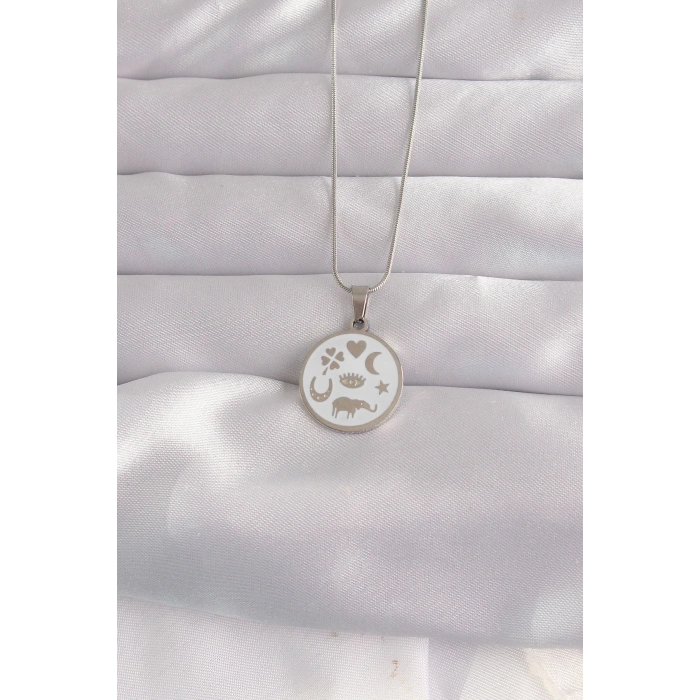 316L Çelik Gümüş Renk Beyaz Mineli Karışık Figürlü Tarot Kolye