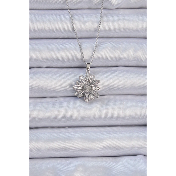 316L Çelik Zincir Gümüş Renk Zirkon Taşlı Çiçek Kolye