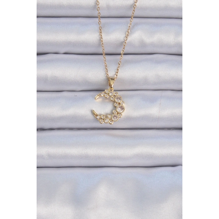316L Çelik Zincir Altın Renk Zirkon Taşlı Ay Kolye