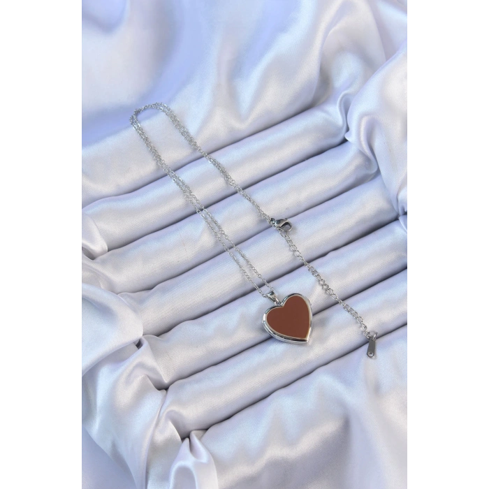316L Çelik Zincir Gümüş Renk Mineli İçi Açılan Kalp Kolye
