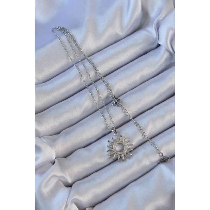 316L Çelik Zincir Gümüş Renk Zirkon Taşlı Parlayan Güneş Kolye