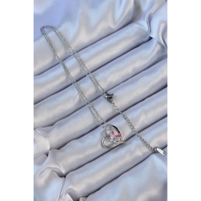 316L Çelik Zincir Gümüş Renk Mineli Kelebek Figür Zirkon Taşlı Kalp Kolye