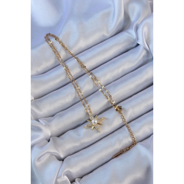 316L Çelik Zincir Altın Renk Baget Taşlı İnci Detay Kutup Yıldızı Kolye