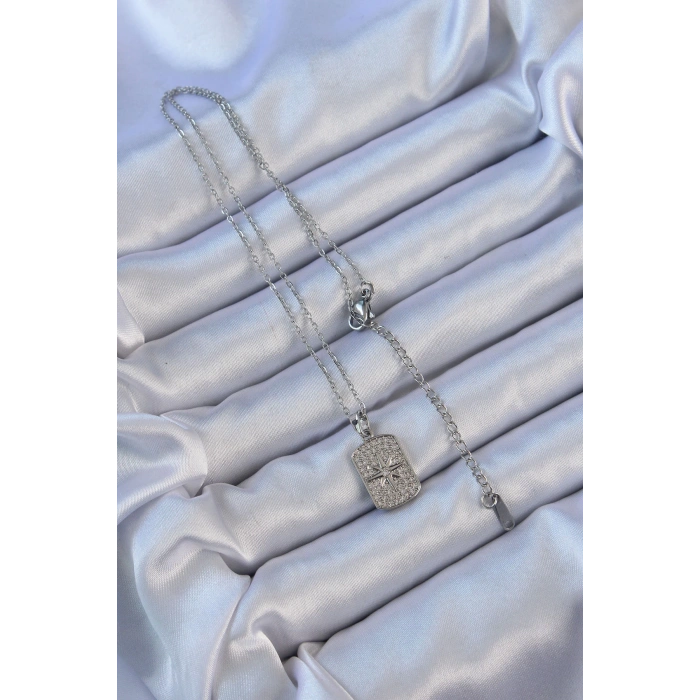 316L Çelik Zincir Gümüş Renk Zirkon Taşlı Kutup Yıldızlı Vintage Kolye