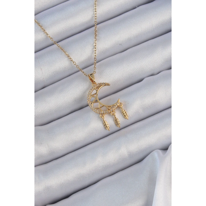 316L Çelik Zincir Altın Renk İşlemeli Zirkon Taşlı Ay Kolye