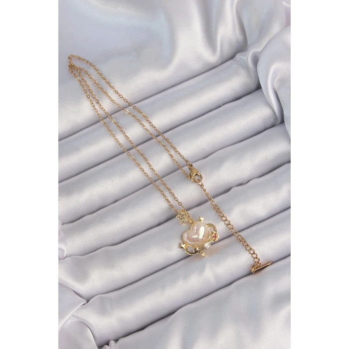 316L Çelik Zincir Altın Renk Sedefli Kalp Figür Zirkon Taşlı Gezegen Kolye