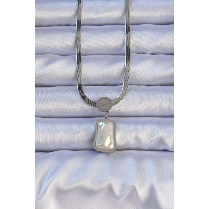 316L Çelik Gümüş Renk İtalyan Zincir Ezme Taşlı Kolye