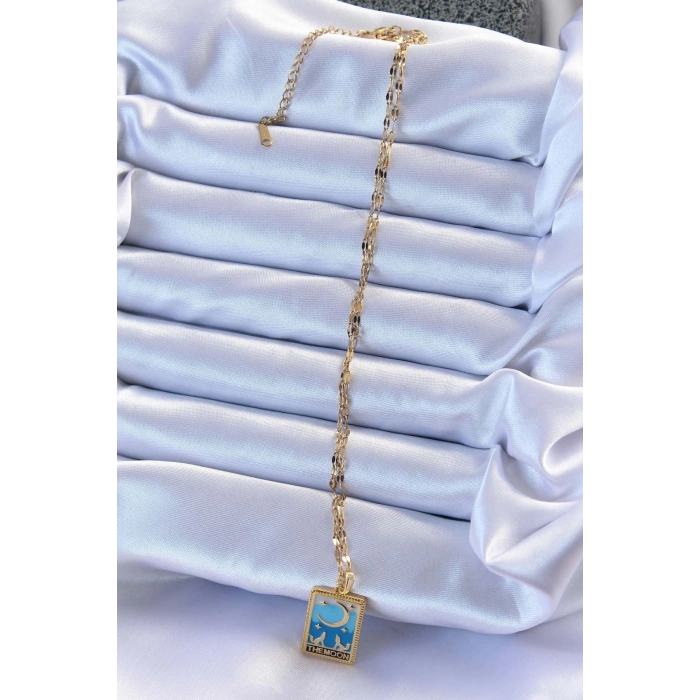 316L Çelik Zincir Altın Renk Mavi Mineli Ay Figür Tarot Kolye