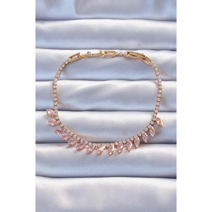 Pirinç Vip Seri Altın Renk Pembe Zirkon Taşlı Bileklik