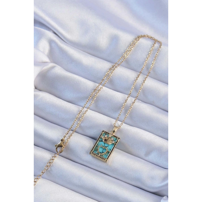 316L Çelik Zincir Altın Renk Zirkon Taşlı Mavi Mermer Desenli Taç Model Tarot Kolye