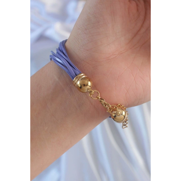 Lila Renk Zirkon Taşlı İpli Çoklu Bileklik