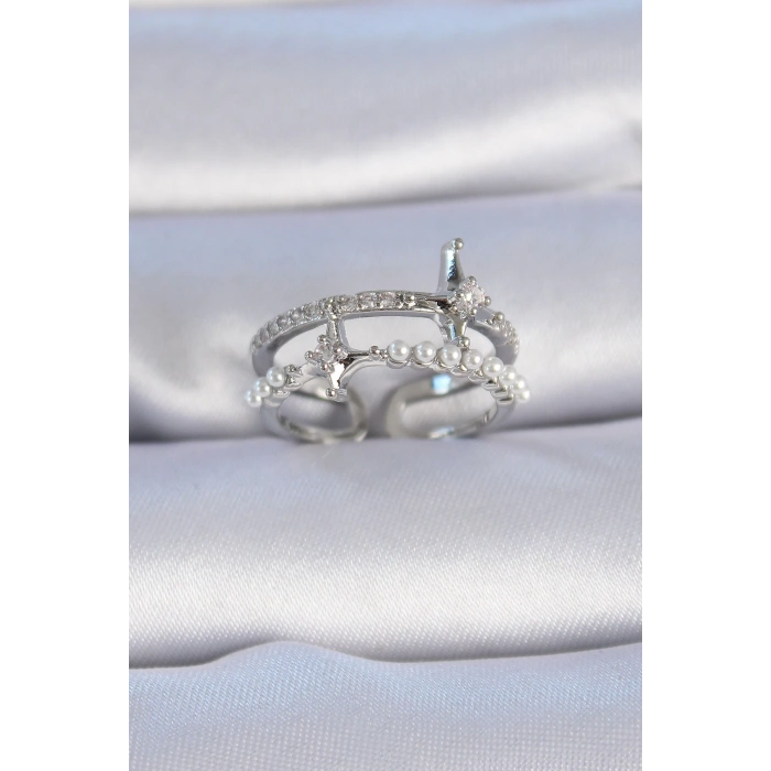 Pirinç Gümüş Renk Zirkon Taşlı İnci Detay Kutup Yıldızı Model Kadın Yüzük