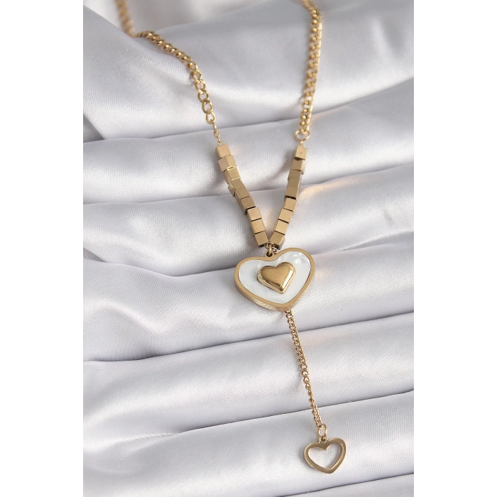 316L Çelik Gold Renk Beyaz Sedefli Kalp Model Sallantı Detay Kadın Kolye