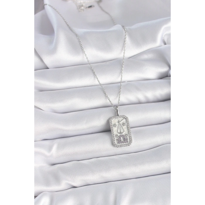 316L Çelik Gümüş Renk Terazi Burcu Zirkon Taşlı Kadın Kolye