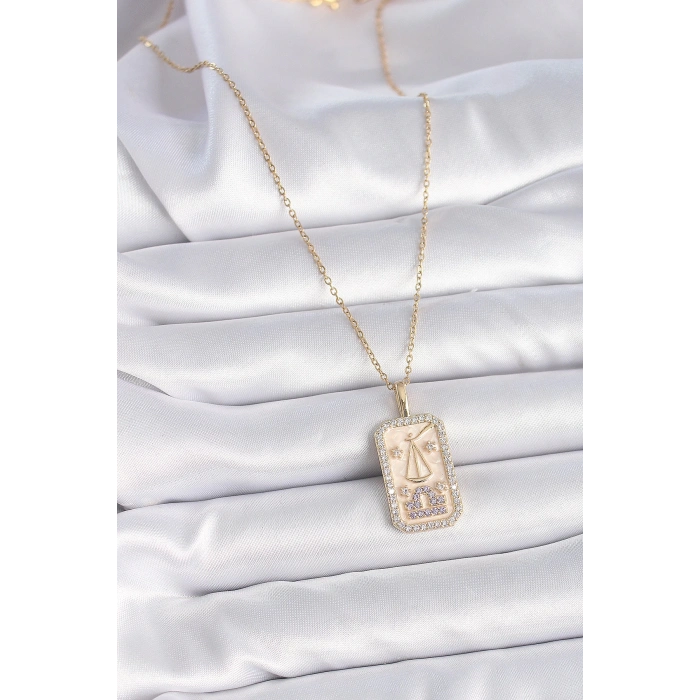 316L Çelik Gold Renk Zincir Terazi Burcu Zirkon Taşlı Kadın Kolye