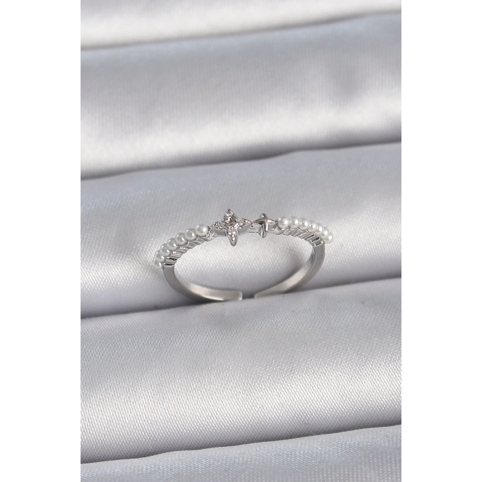 Pirinç Gümüş Renk Zirkon Taşlı Sıralı İnci Ayarlanabilir Model Kadın Yüzük